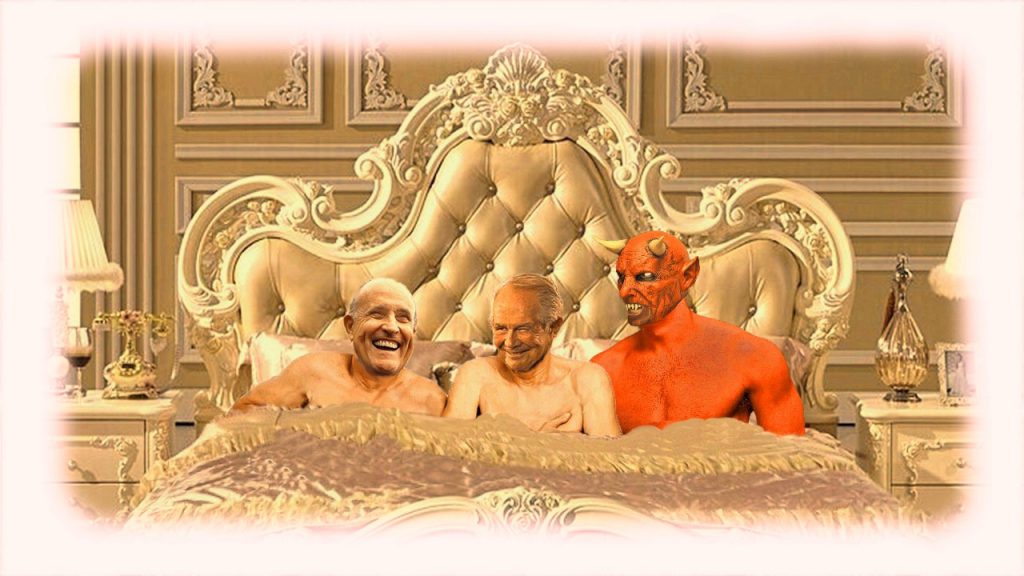 Pat Robertson con Giuliani y el diablo en la cama