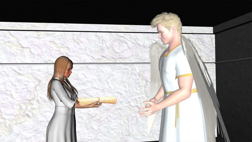 Angel entregando pergamino a eli